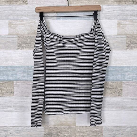 Hollister Ribbed Square Neck Slim Tee Black Gray White Striped Womens Medium - Picture 3 of 5